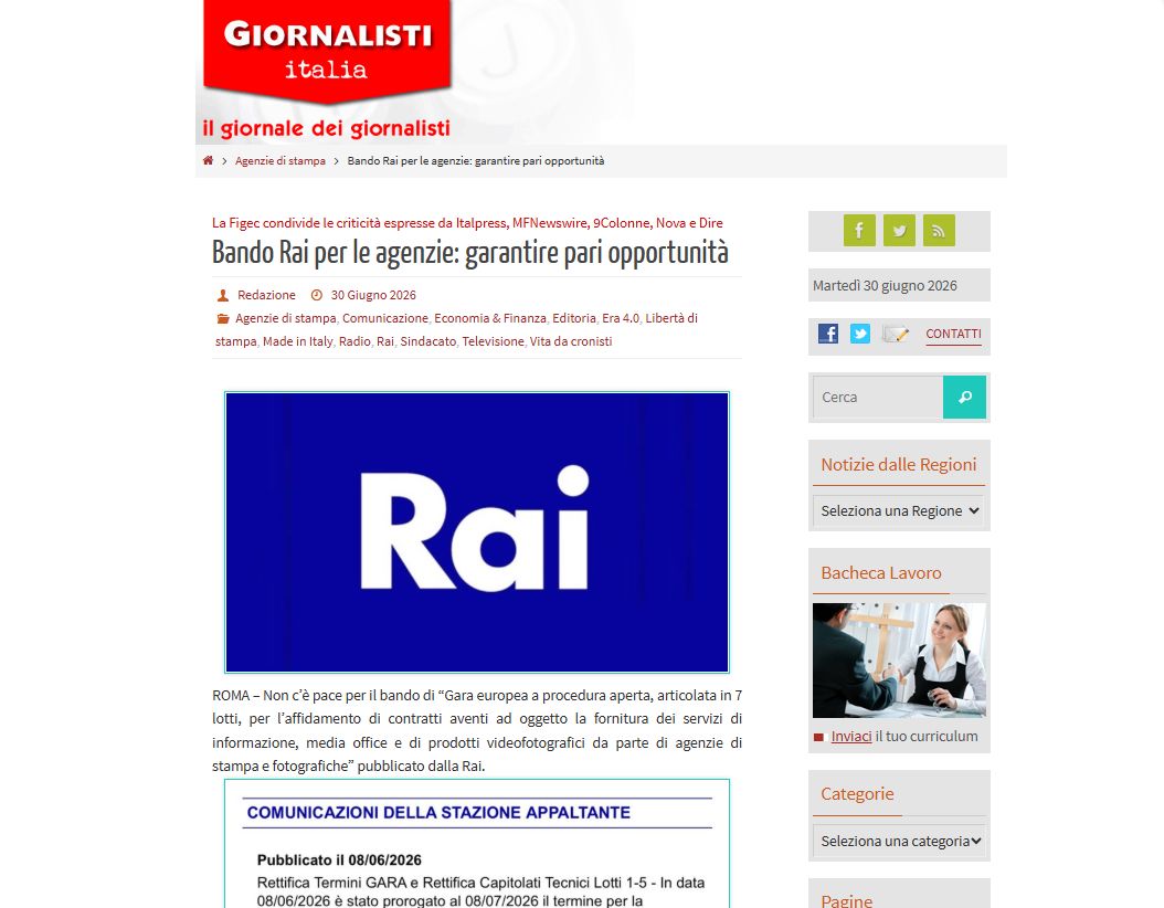 Bando Rai per le agenzie di stampa, Figec “Non garantisce pari opportunità” Bando Rai per le agenzie di stampa, Figec “Non garantisce pari opportunità”